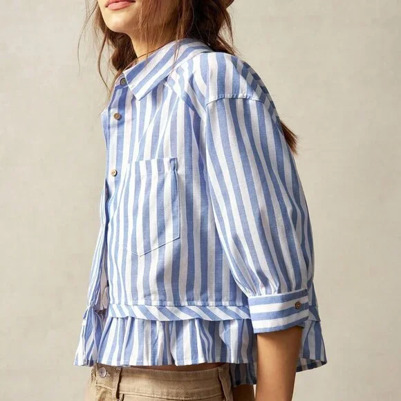 Blue white Casual Women's Vacation Striped Collared 3/4 Sleeve Ruffle top - Picture 5 of 7